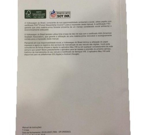 Manual Do Proprietário T-cross 200at 1.0 Tsi Turbo 2019/20
