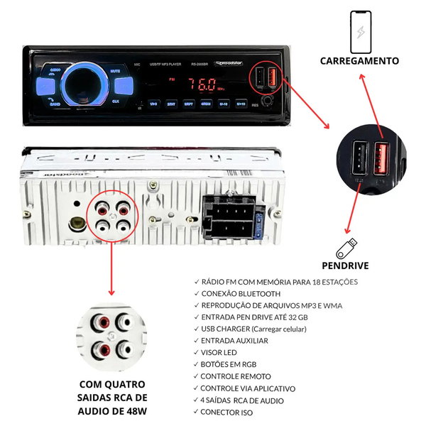 Auto Radio Mp3 Roadstar Cont. Remoto Bluetooh Rca Fm Sd Usb