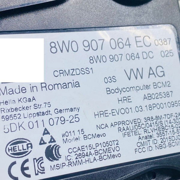 Módulo Bcm2 Audi A4 A5 2.0 Tfsi 2018 Cód. 8w0907064ec